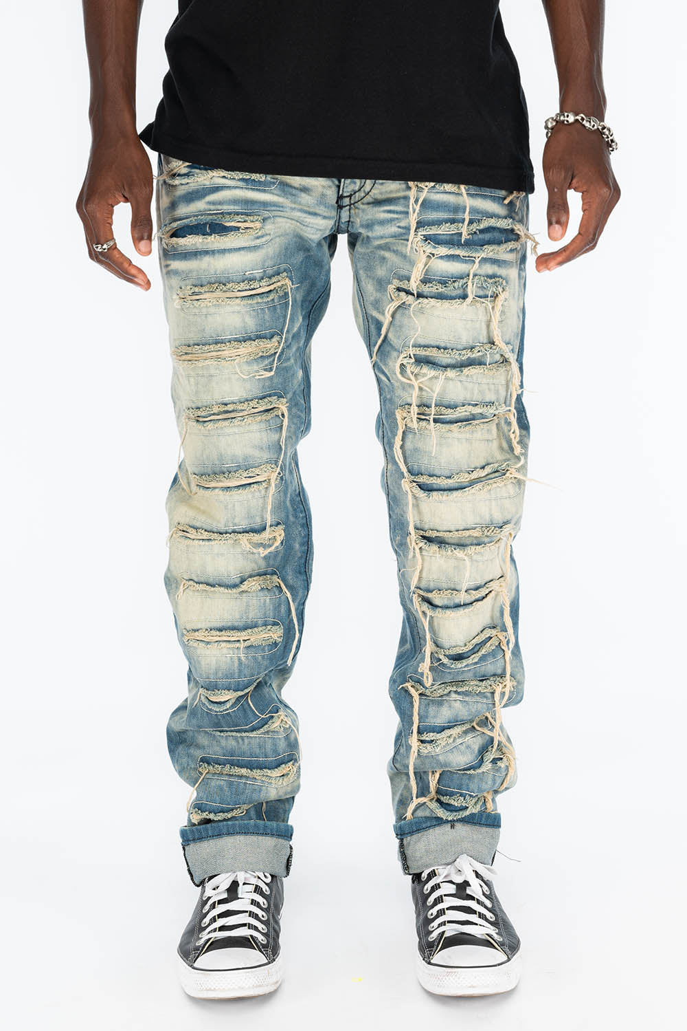 ROBIN'S VINTAGE EDITION RIPPED,DISTRESSED & REPAIRED JEANS WITH BACK POCKET CRYSTALS IN OMAHA WASH