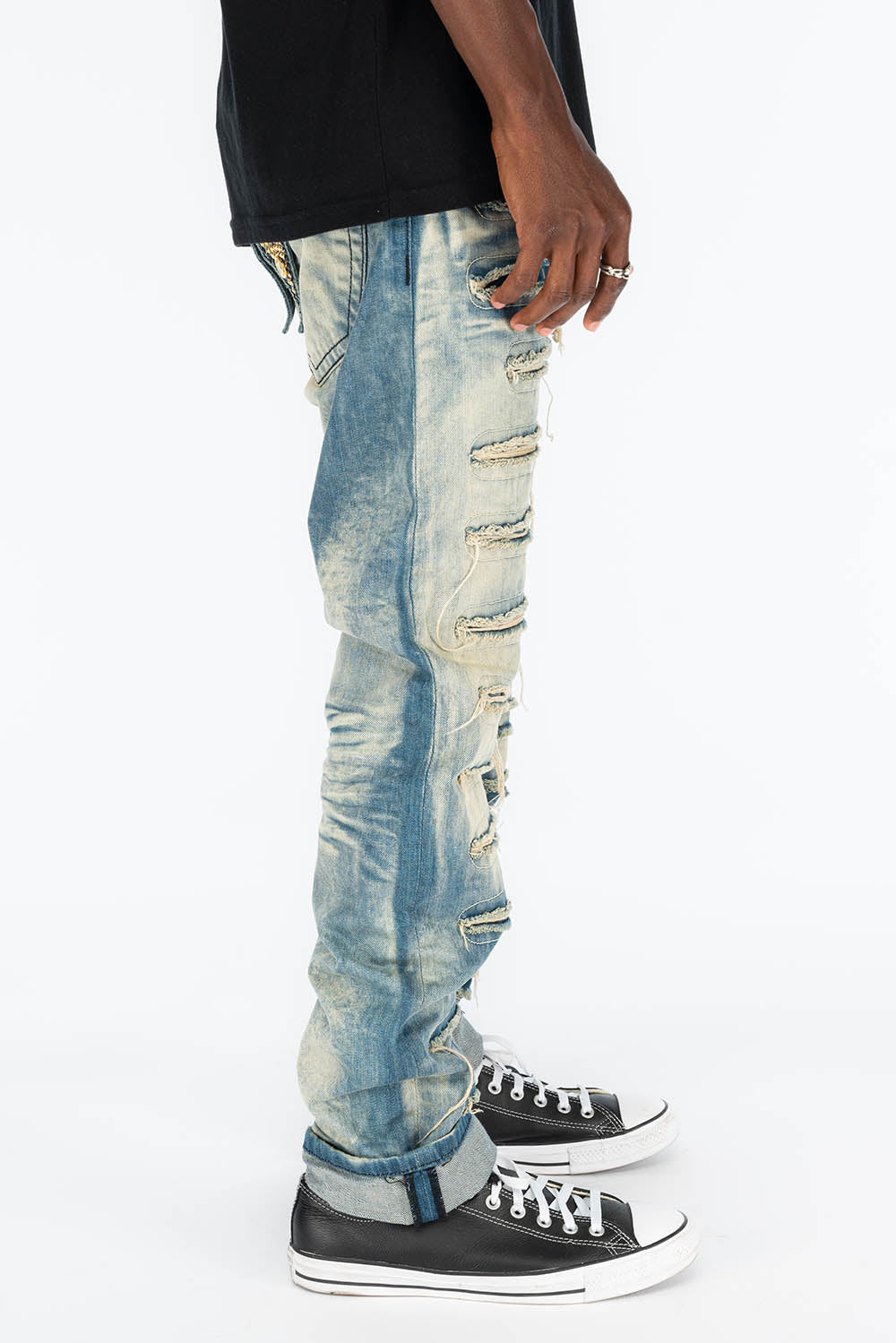 ROBIN'S VINTAGE EDITION RIPPED,DISTRESSED & REPAIRED JEANS WITH BACK POCKET CRYSTALS IN OMAHA WASH