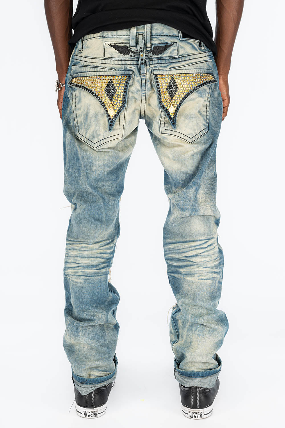 ROBIN'S VINTAGE EDITION RIPPED,DISTRESSED & REPAIRED JEANS WITH BACK POCKET CRYSTALS IN OMAHA WASH