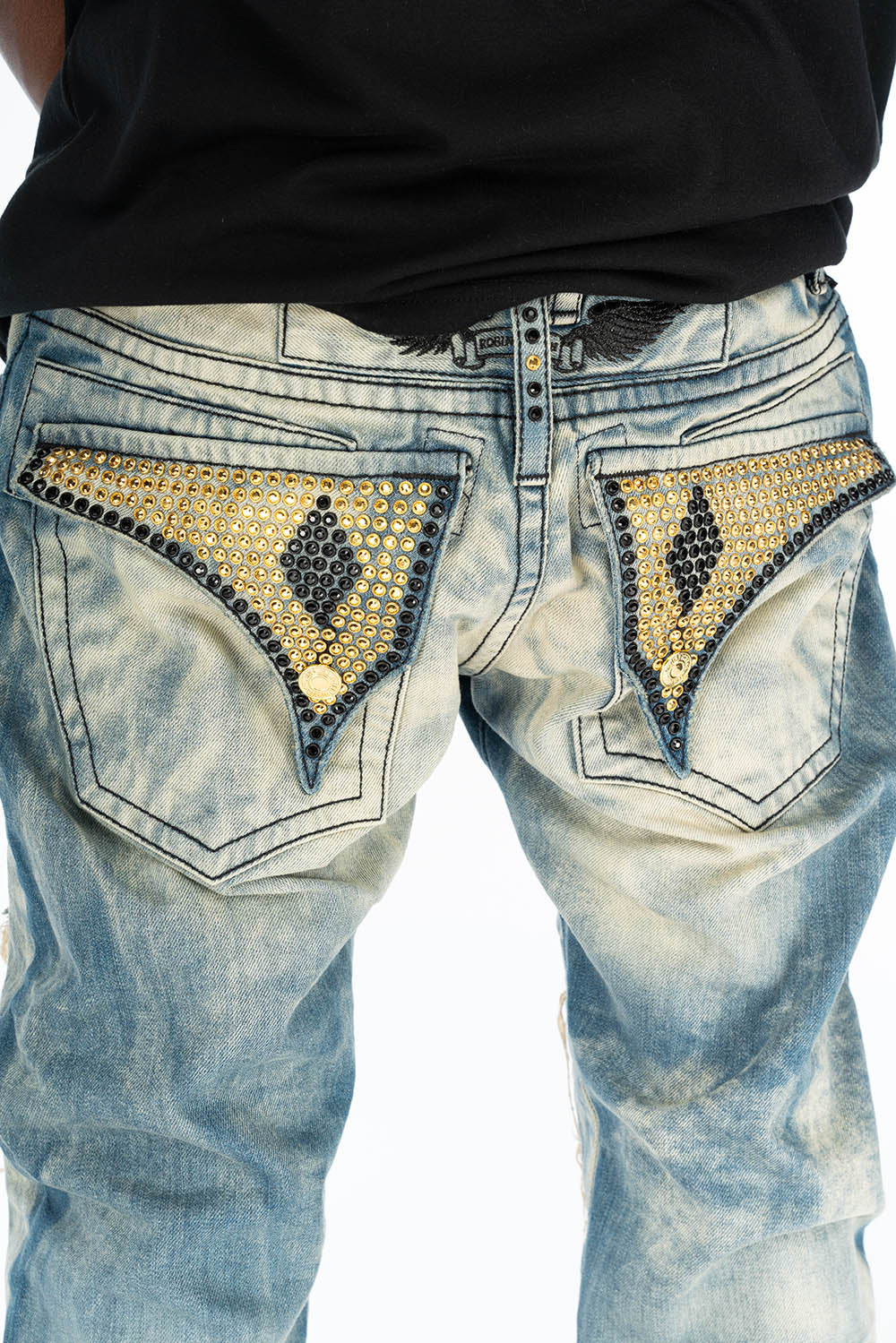 ROBIN'S VINTAGE EDITION RIPPED,DISTRESSED & REPAIRED JEANS WITH BACK POCKET CRYSTALS IN OMAHA WASH