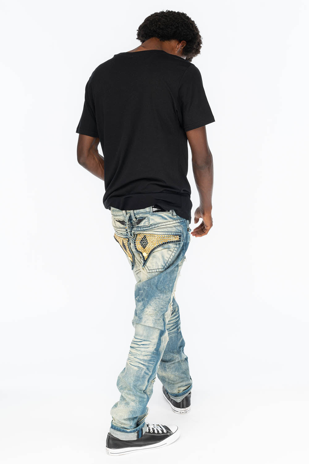 ROBIN'S VINTAGE EDITION RIPPED,DISTRESSED & REPAIRED JEANS WITH BACK POCKET CRYSTALS IN OMAHA WASH