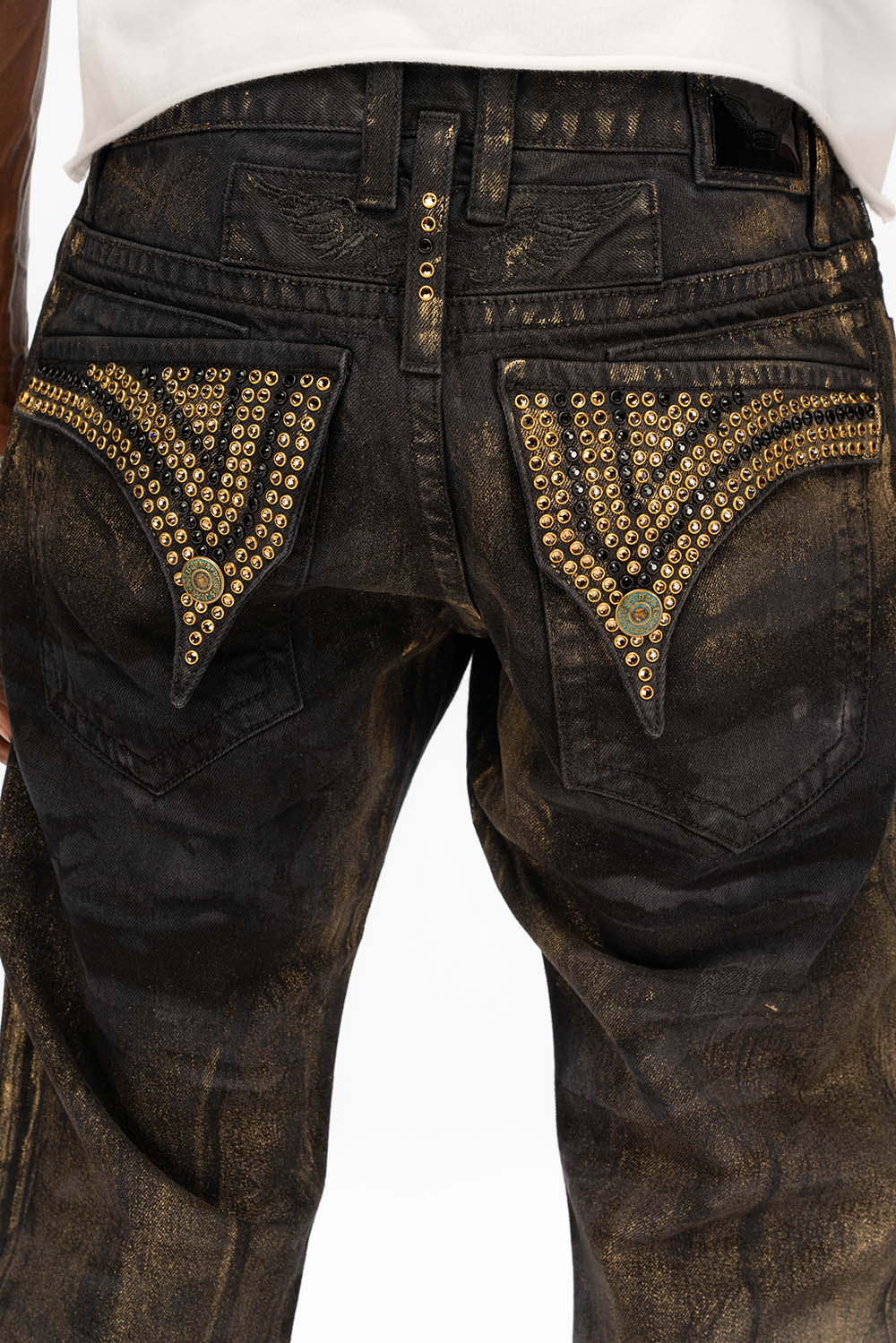 MENS LONG FLAP STRAIGHT CUT JEANS WITH CRYSTALS IN AERO BLACK