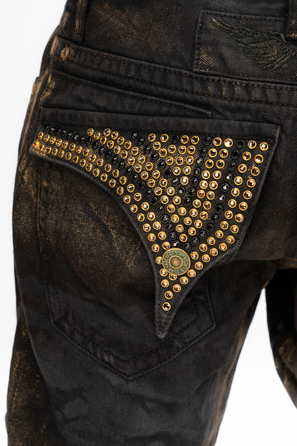 MENS LONG FLAP STRAIGHT CUT JEANS WITH CRYSTALS IN AERO BLACK