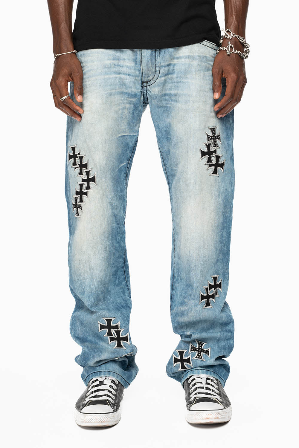 LIMITED EDITION LONG FLAP STRAIGHT JEANS IN AQUARAMA WASH  EMBELLISHED WITH CRYSTALS AND CROSS PATCHES