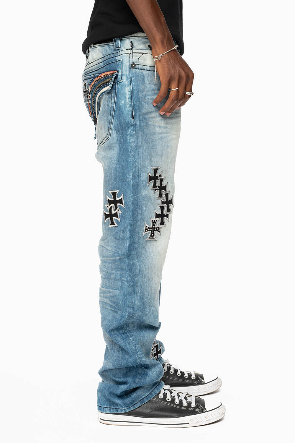 LIMITED EDITION LONG FLAP STRAIGHT JEANS IN AQUARAMA WASH  EMBELLISHED WITH CRYSTALS AND CROSS PATCHES