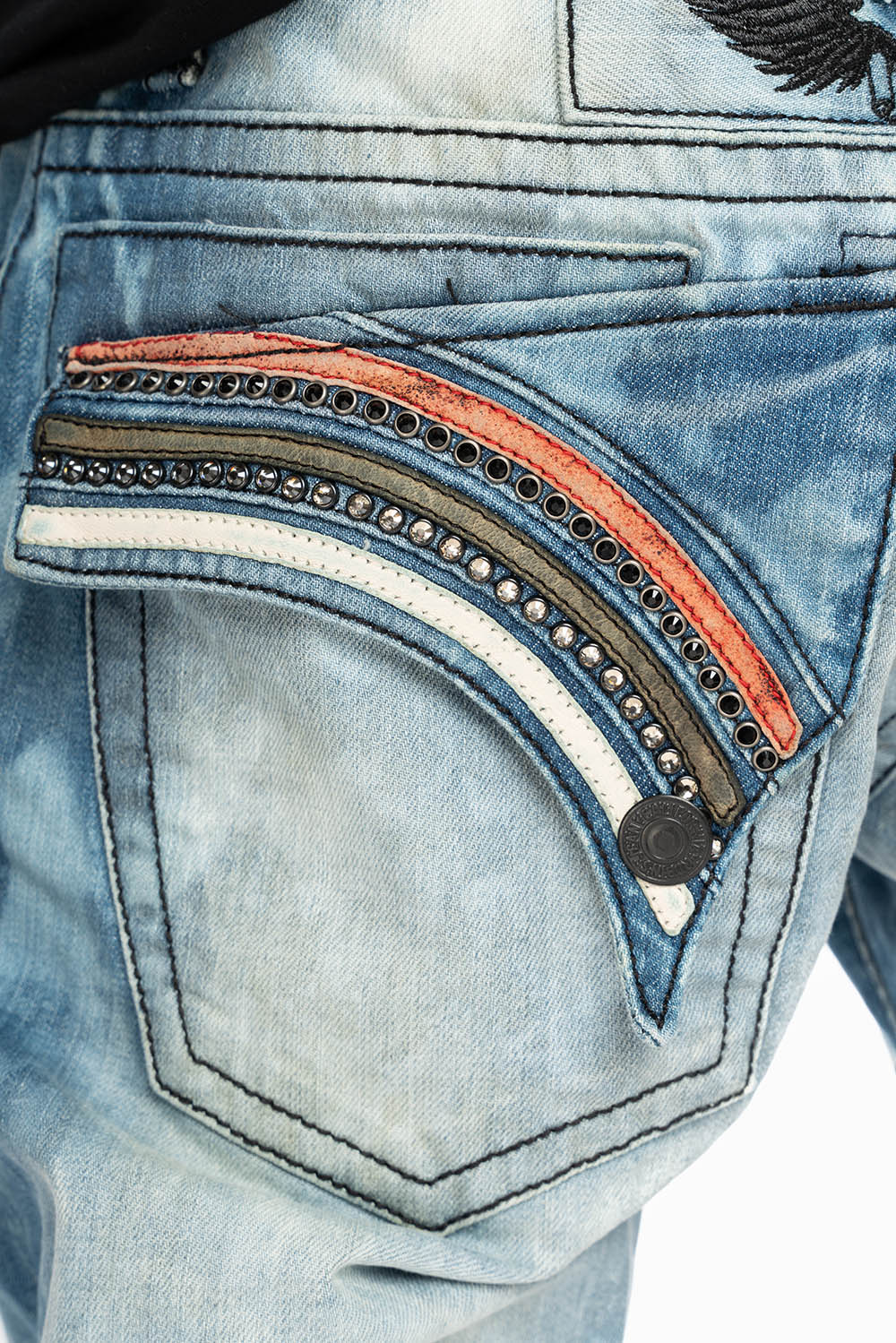 LIMITED EDITION LONG FLAP STRAIGHT JEANS IN AQUARAMA WASH  EMBELLISHED WITH CRYSTALS AND CROSS PATCHES
