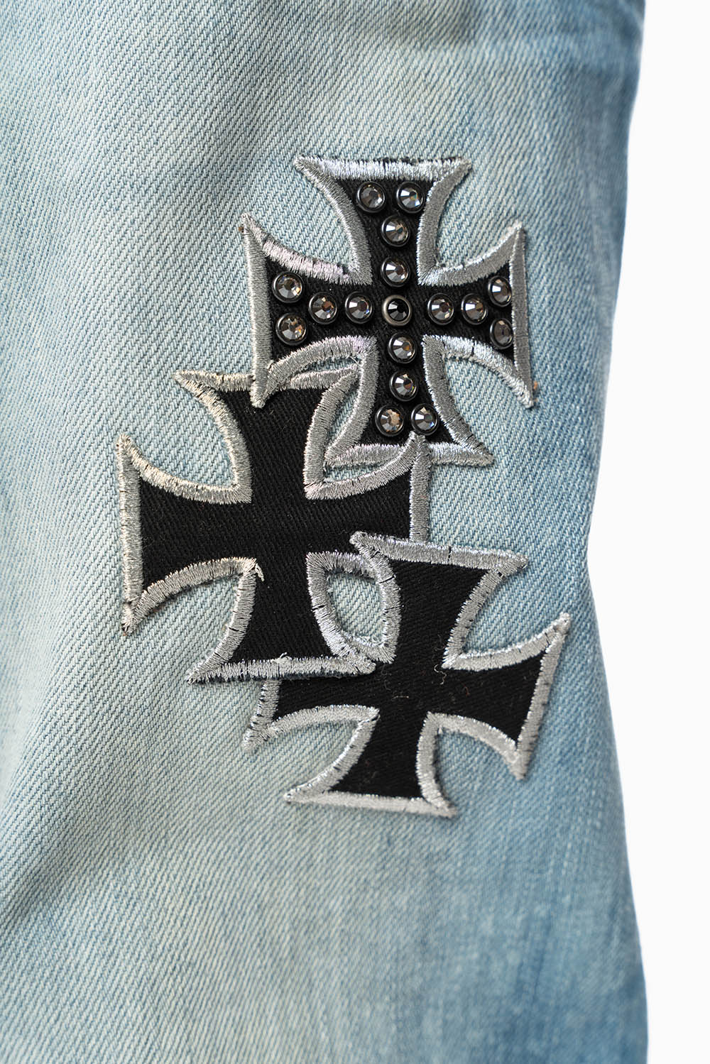 LIMITED EDITION LONG FLAP STRAIGHT JEANS IN AQUARAMA WASH  EMBELLISHED WITH CRYSTALS AND CROSS PATCHES