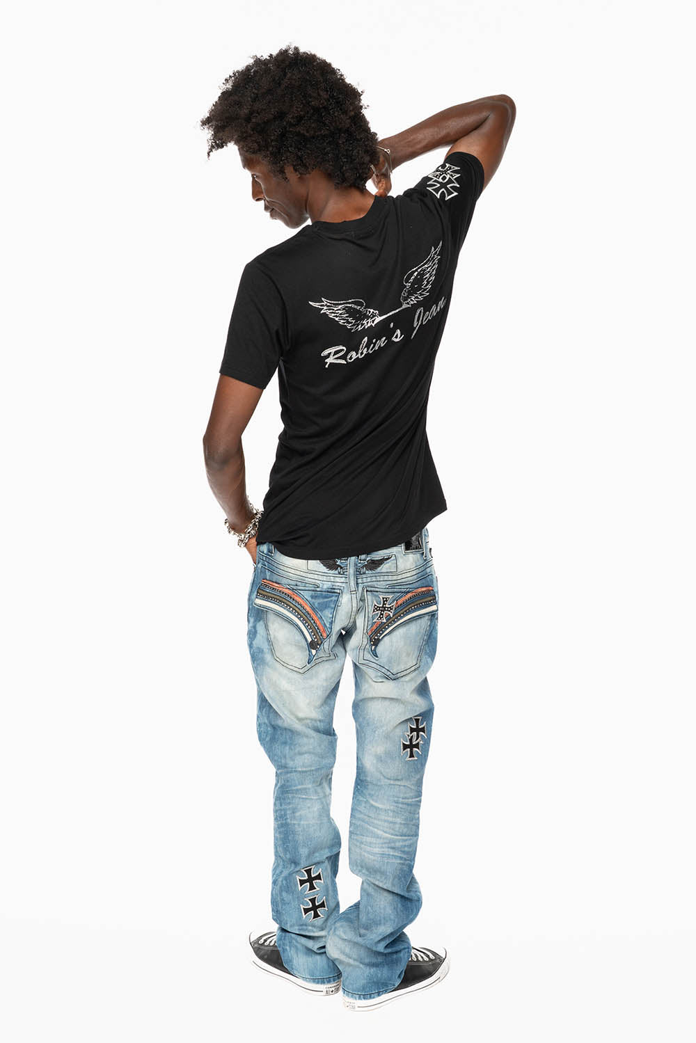 LIMITED EDITION LONG FLAP STRAIGHT JEANS IN AQUARAMA WASH  EMBELLISHED WITH CRYSTALS AND CROSS PATCHES