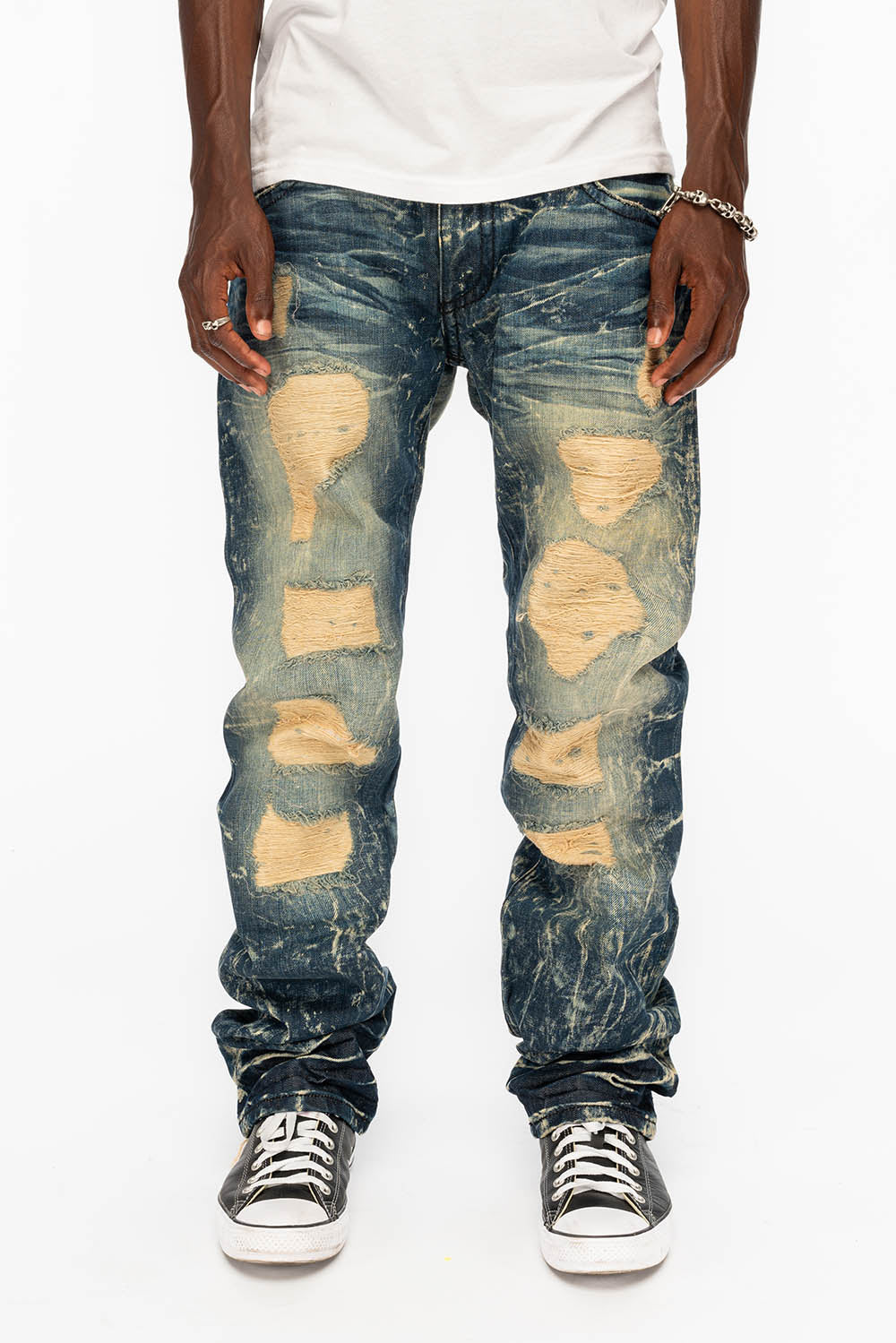 LONG FLAP STRAIGHT DESTROY DENIM JEANS WITH CRYSTALS IN 4D DARK BROKEN