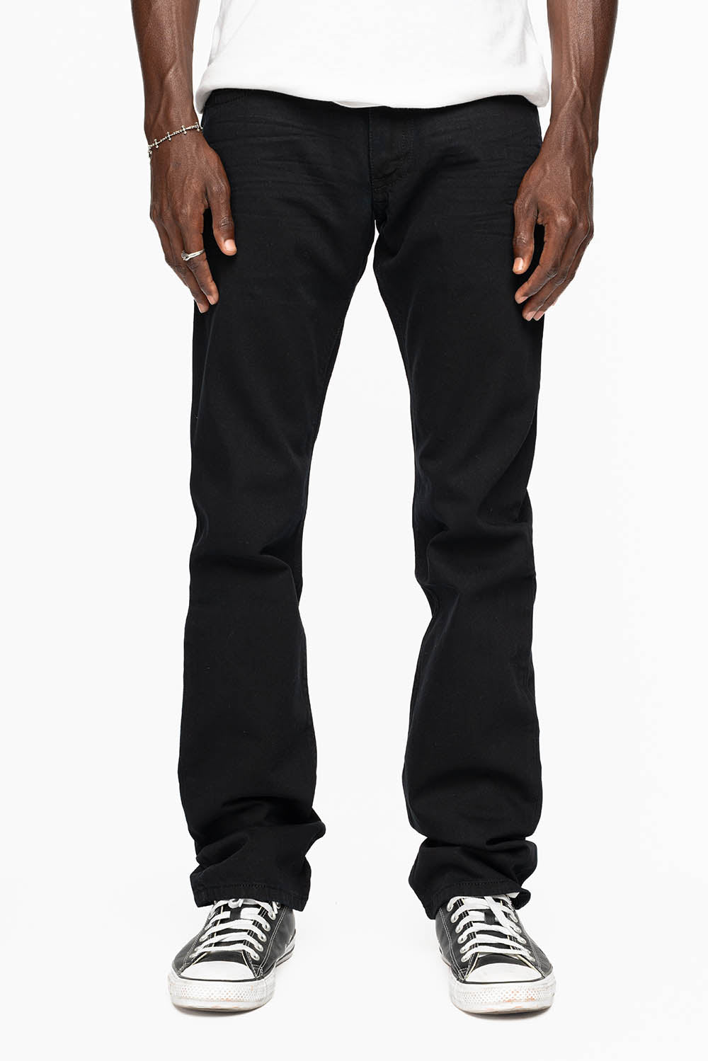 MENS CLASSIC STRAIGHT LEG LONG FLAP JEANS WITH JET BLK  CRYSTALS  AND BLK STUDS IN PURE BLK