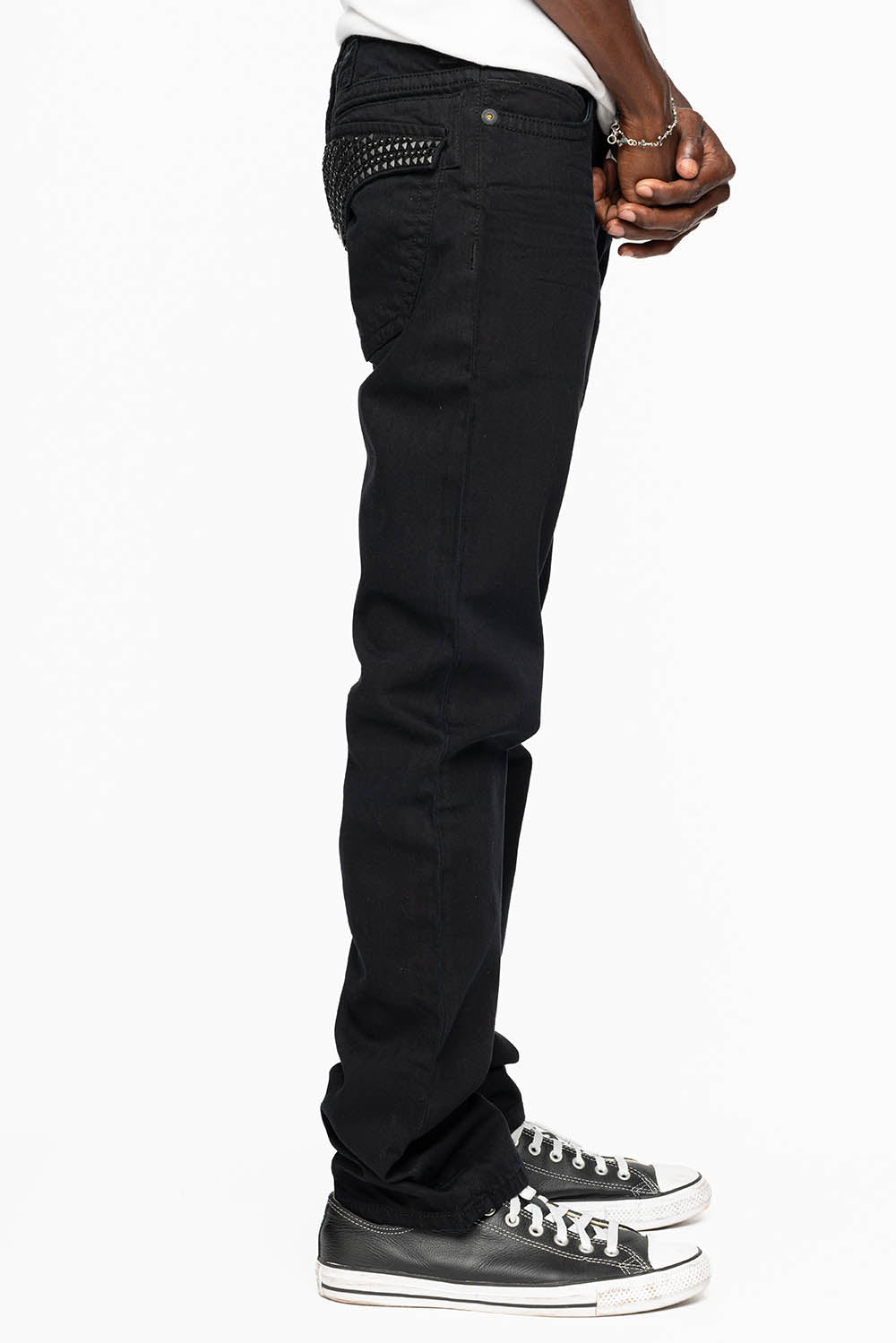 MENS CLASSIC STRAIGHT LEG LONG FLAP JEANS WITH JET BLK  CRYSTALS  AND BLK STUDS IN PURE BLK