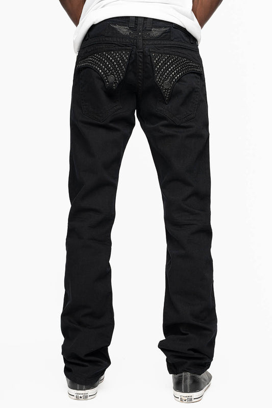 MENS CLASSIC STRAIGHT LEG LONG FLAP JEANS WITH JET BLK  CRYSTALS  AND BLK STUDS IN PURE BLK