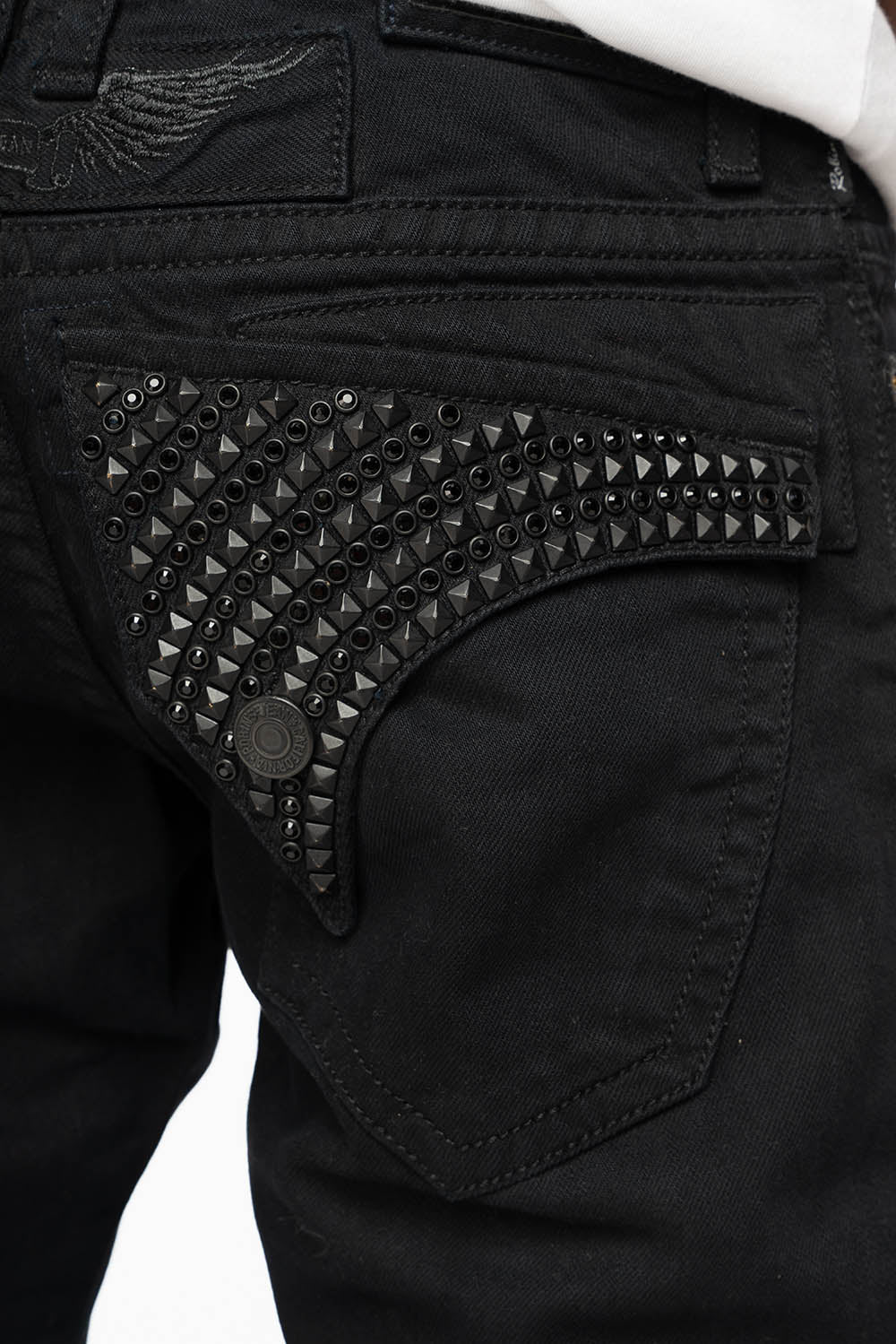 MENS CLASSIC STRAIGHT LEG LONG FLAP JEANS WITH JET BLK  CRYSTALS  AND BLK STUDS IN PURE BLK