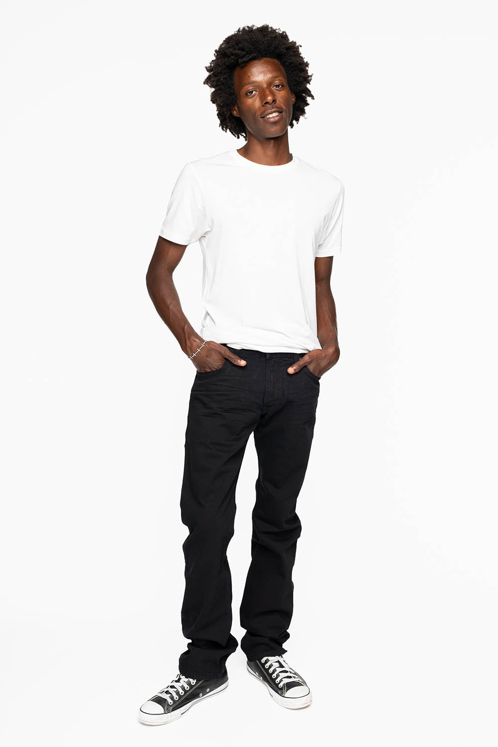 MENS CLASSIC STRAIGHT LEG LONG FLAP JEANS WITH JET BLK  CRYSTALS  AND BLK STUDS IN PURE BLK