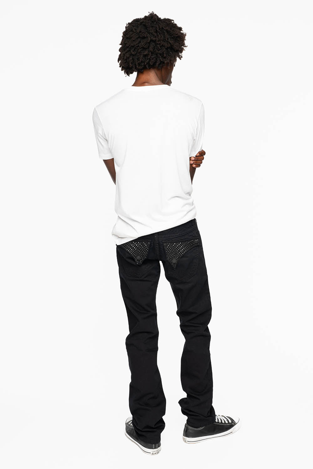 MENS CLASSIC STRAIGHT LEG LONG FLAP JEANS WITH JET BLK  CRYSTALS  AND BLK STUDS IN PURE BLK