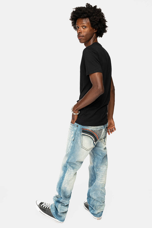 LIMITED EDITION LONG FLAP STRAIGHT JEANS IN AQUARAMA WASH WITH BLK LEATHER INSERTS EMBELLISHED WITH CRYSTALS