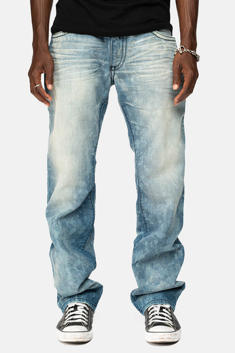 LONG FLAP STRAIGHT JEANS IN AQUARAMA WASH WITH TAN LEATHER INSERTS EMBELLISHED WITH CRYSTALS