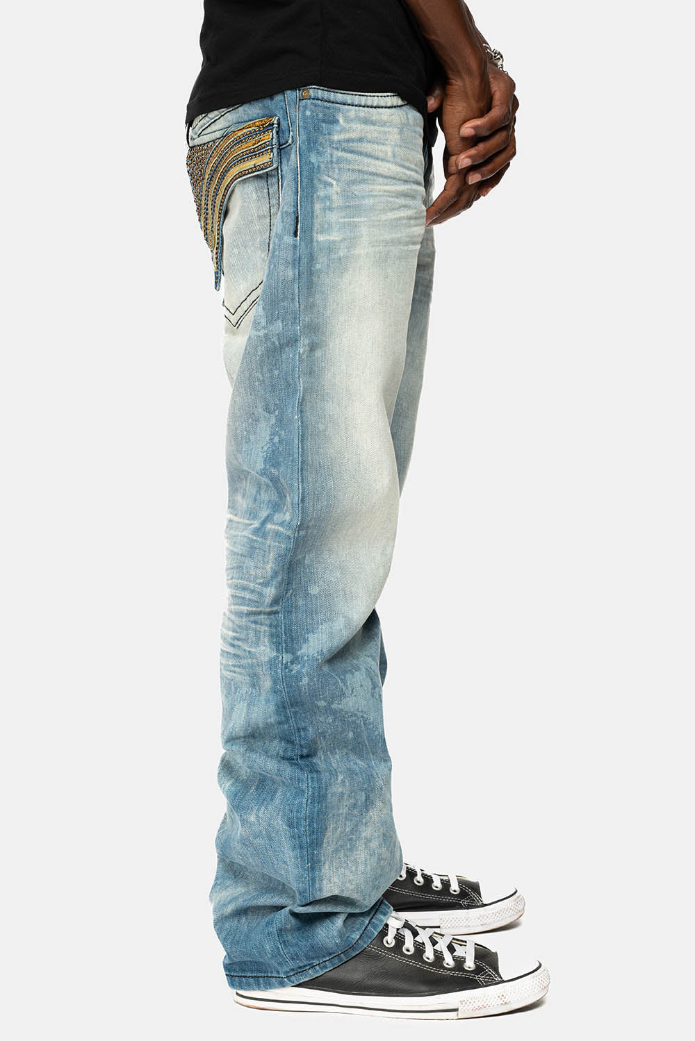 LONG FLAP STRAIGHT JEANS IN AQUARAMA WASH WITH TAN LEATHER INSERTS EMBELLISHED WITH CRYSTALS
