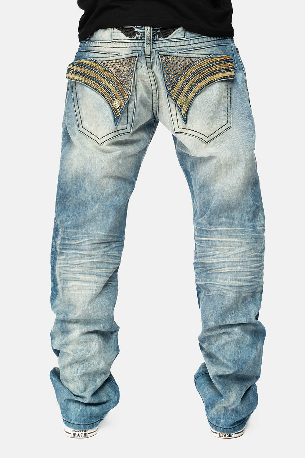 LONG FLAP STRAIGHT JEANS IN AQUARAMA WASH WITH TAN LEATHER INSERTS EMBELLISHED WITH CRYSTALS