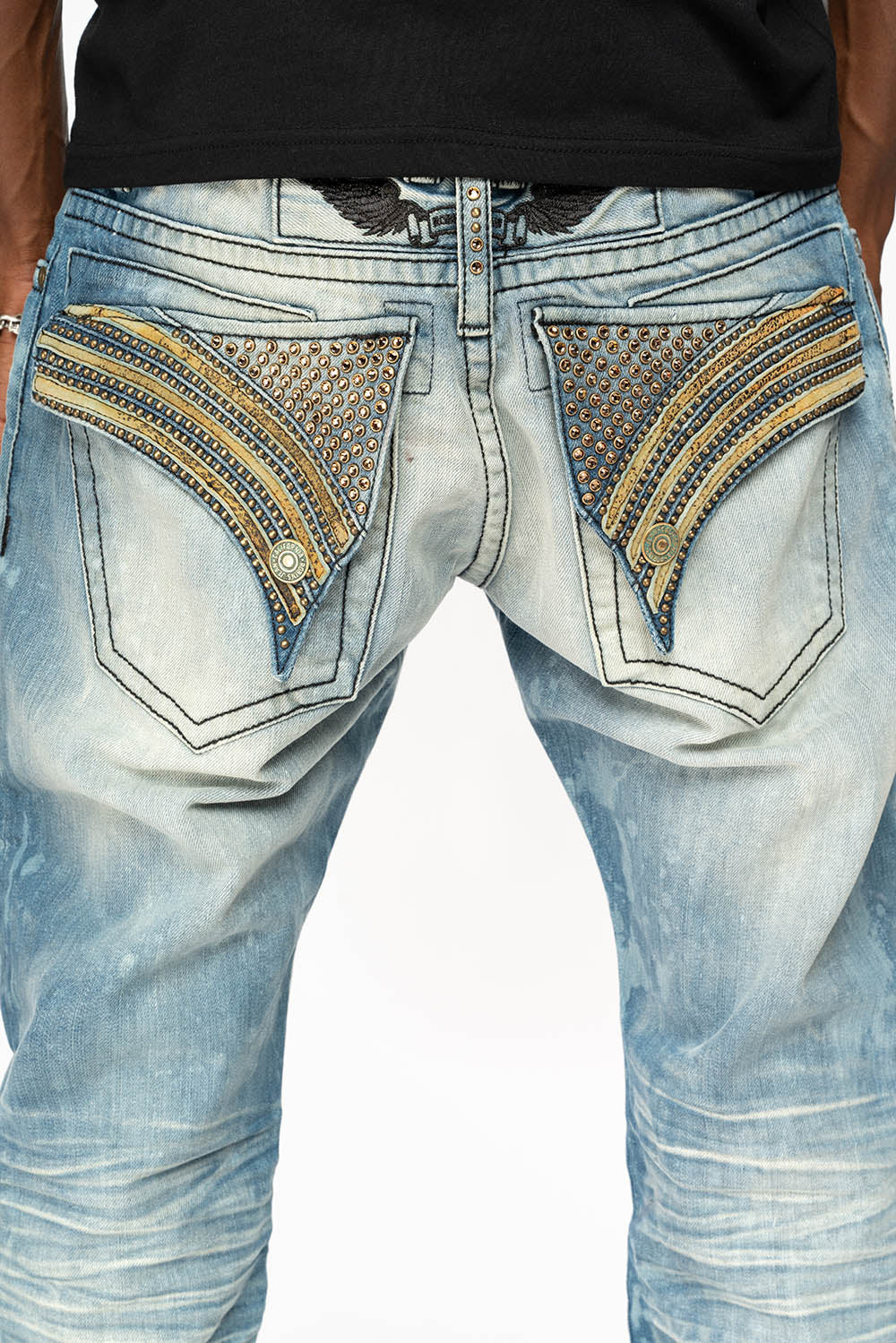 LONG FLAP STRAIGHT JEANS IN AQUARAMA WASH WITH TAN LEATHER INSERTS EMBELLISHED WITH CRYSTALS