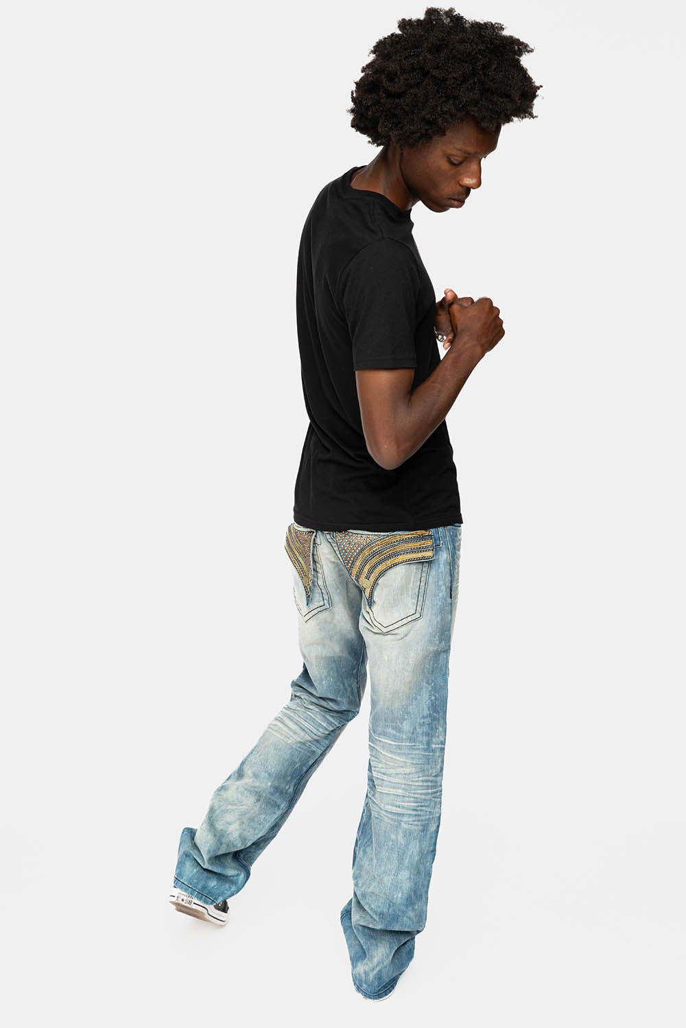 LONG FLAP STRAIGHT JEANS IN AQUARAMA WASH WITH TAN LEATHER INSERTS EMBELLISHED WITH CRYSTALS