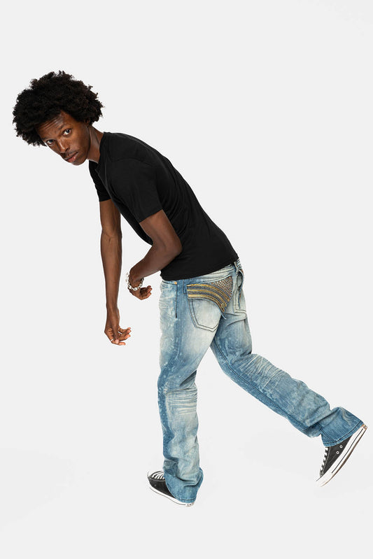 LONG FLAP STRAIGHT JEANS IN AQUARAMA WASH WITH TAN LEATHER INSERTS EMBELLISHED WITH CRYSTALS