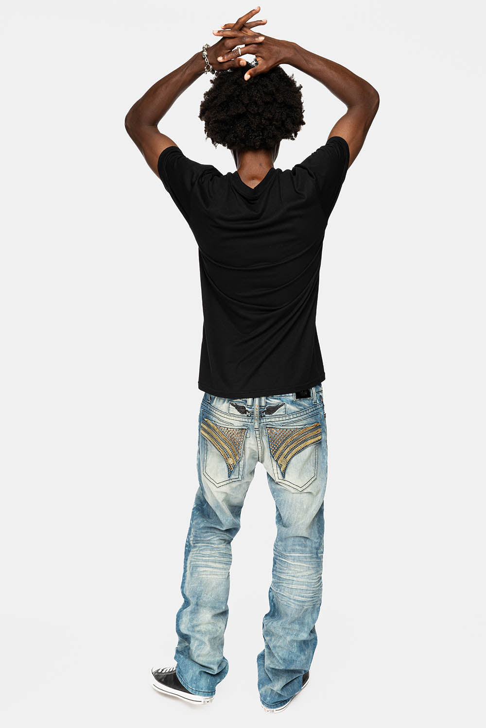 LONG FLAP STRAIGHT JEANS IN AQUARAMA WASH WITH TAN LEATHER INSERTS EMBELLISHED WITH CRYSTALS