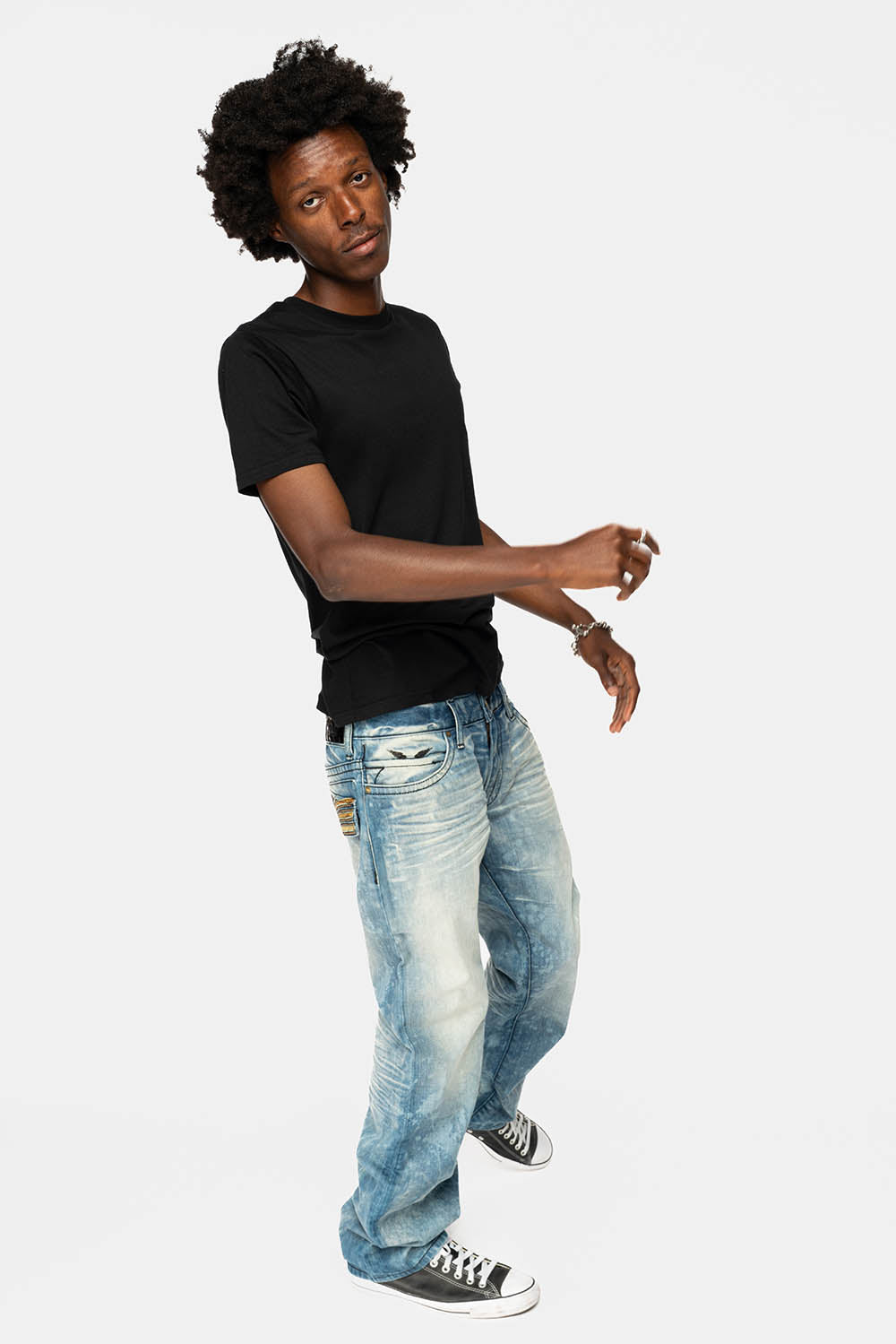 LONG FLAP STRAIGHT JEANS IN AQUARAMA WASH WITH TAN LEATHER INSERTS EMBELLISHED WITH CRYSTALS