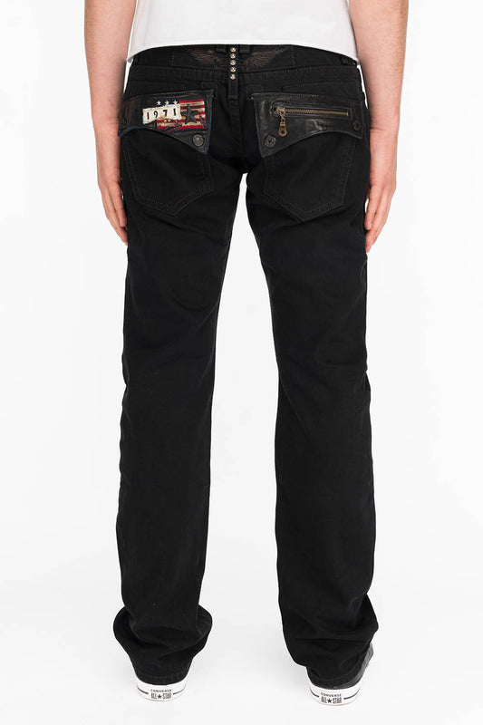 MENS LEATHER FLAP POCKET STRAIGHT LEG JEANS IN BLK