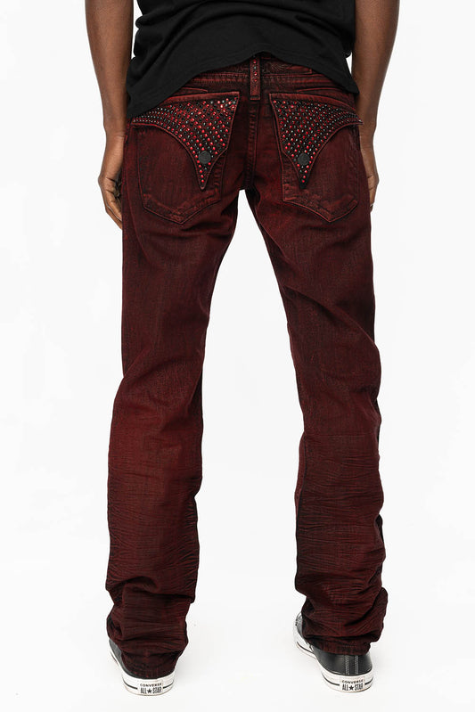 KILLER FLAP STRAIGHT LEG JEANS WITH  FULL CRYSTALS  IN DIGGER RED COATED WASH