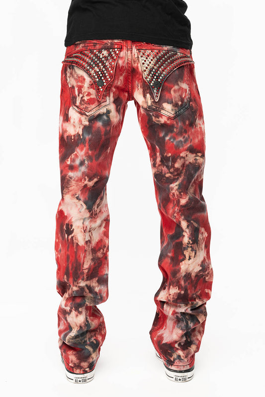 KILLER FLAP STRAIGHT LEG JEANS WITH  FULL CRYSTALS  IN RED SUN DANCE WASH