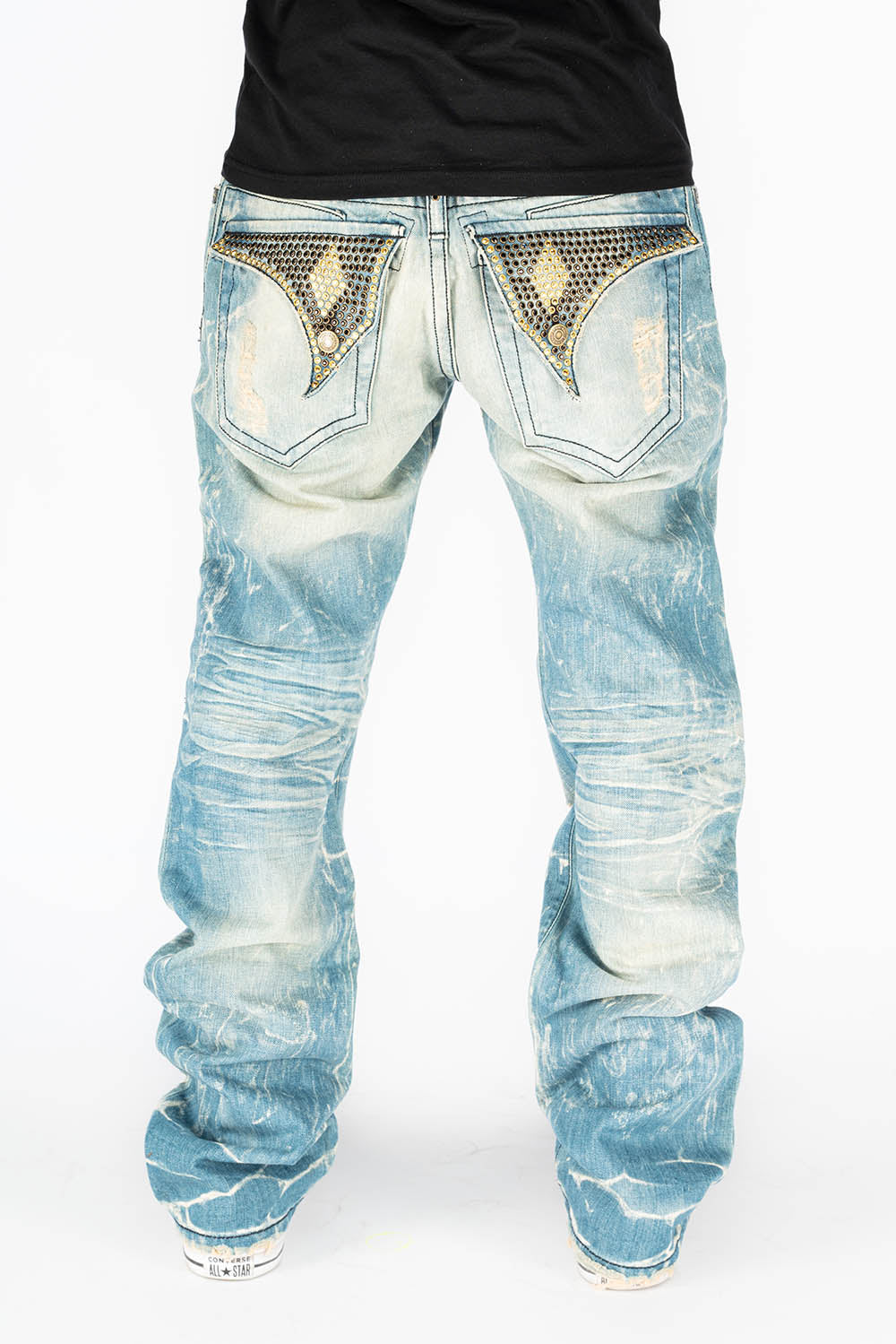 VINTAGE RIPPED,DISTRESSED JEANS WITH BACK POCKET CRYSTALS IN BLUE 4D LIGHT BROKEN WASH