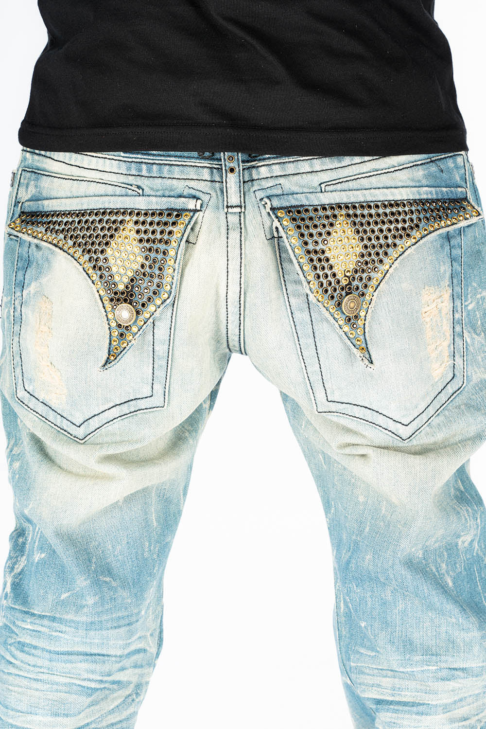 VINTAGE RIPPED,DISTRESSED JEANS WITH BACK POCKET CRYSTALS IN BLUE 4D LIGHT BROKEN WASH