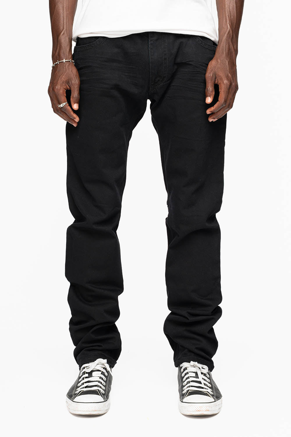 MENS CLASSIC STRAIGHT LEG LONG FLAP JEANS WITH RED & AURUM CRYSTALS  IN PURE BLK