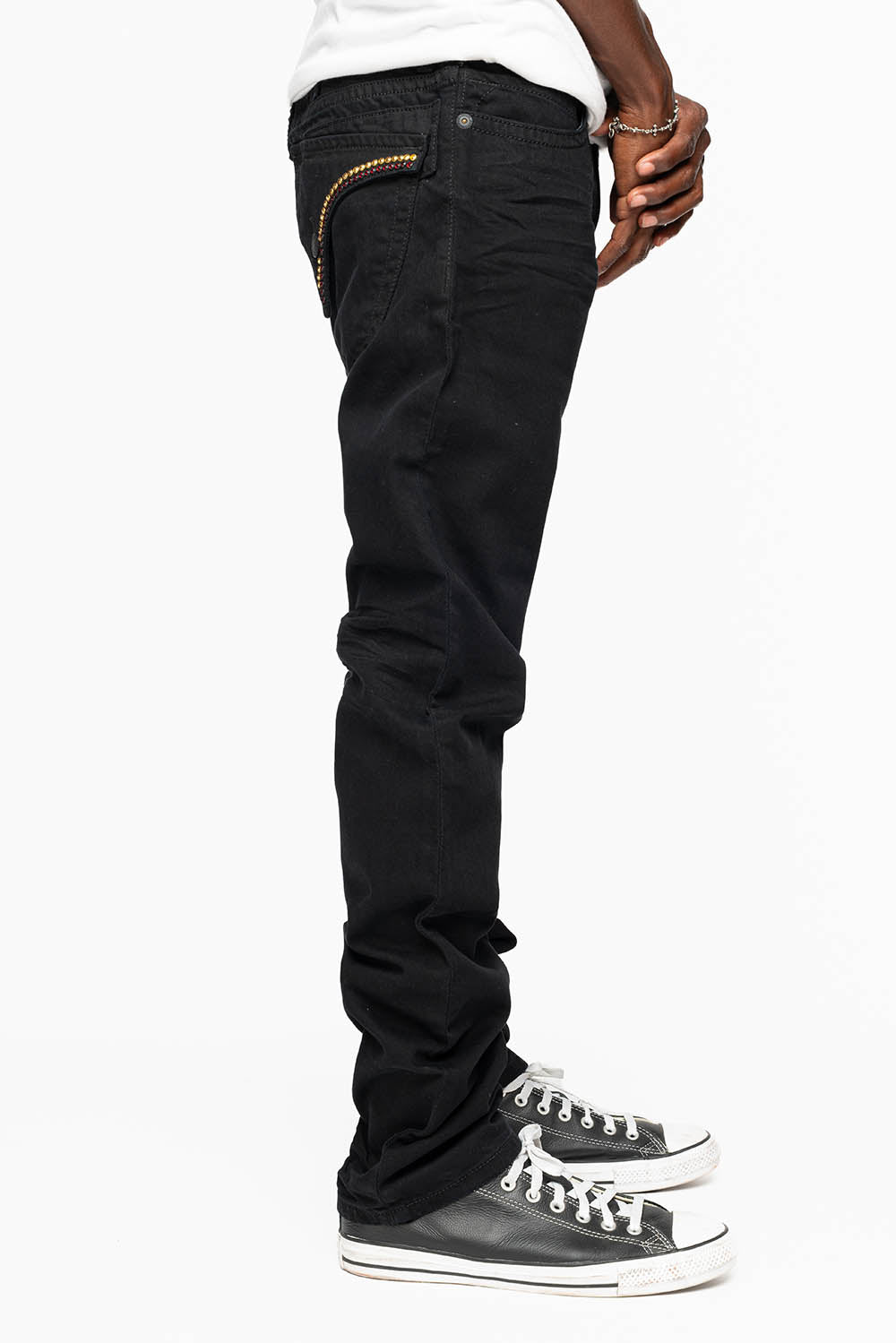 MENS CLASSIC STRAIGHT LEG LONG FLAP JEANS WITH RED & AURUM CRYSTALS  IN PURE BLK