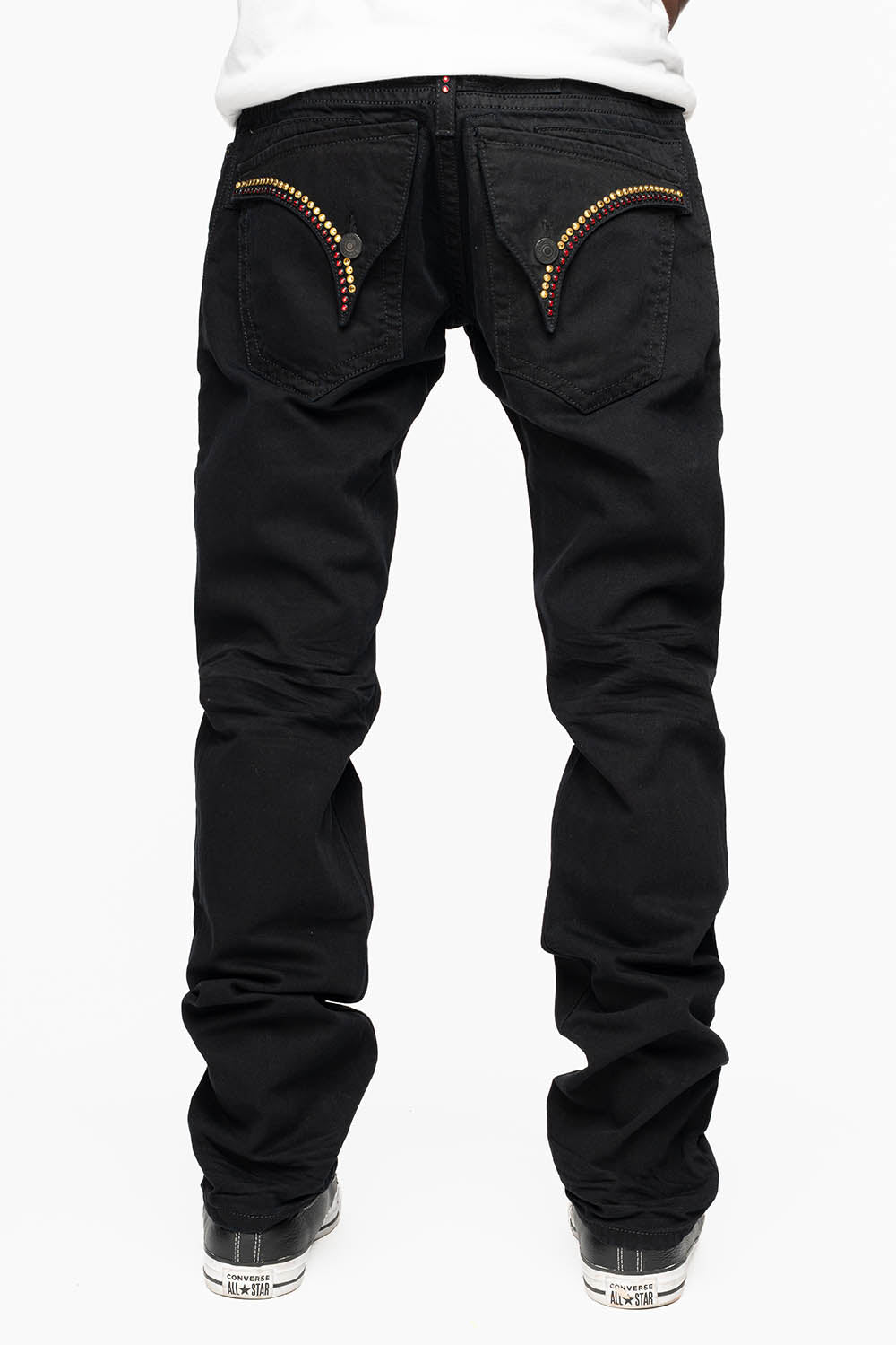 MENS CLASSIC STRAIGHT LEG LONG FLAP JEANS WITH RED & AURUM CRYSTALS  IN PURE BLK