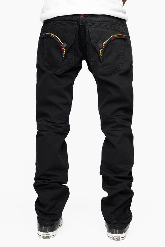 MENS CLASSIC STRAIGHT LEG LONG FLAP JEANS WITH RED & AURUM CRYSTALS  IN PURE BLK