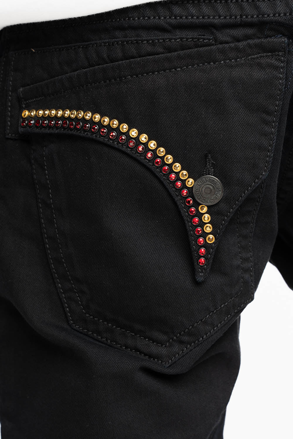 MENS CLASSIC STRAIGHT LEG LONG FLAP JEANS WITH RED & AURUM CRYSTALS  IN PURE BLK