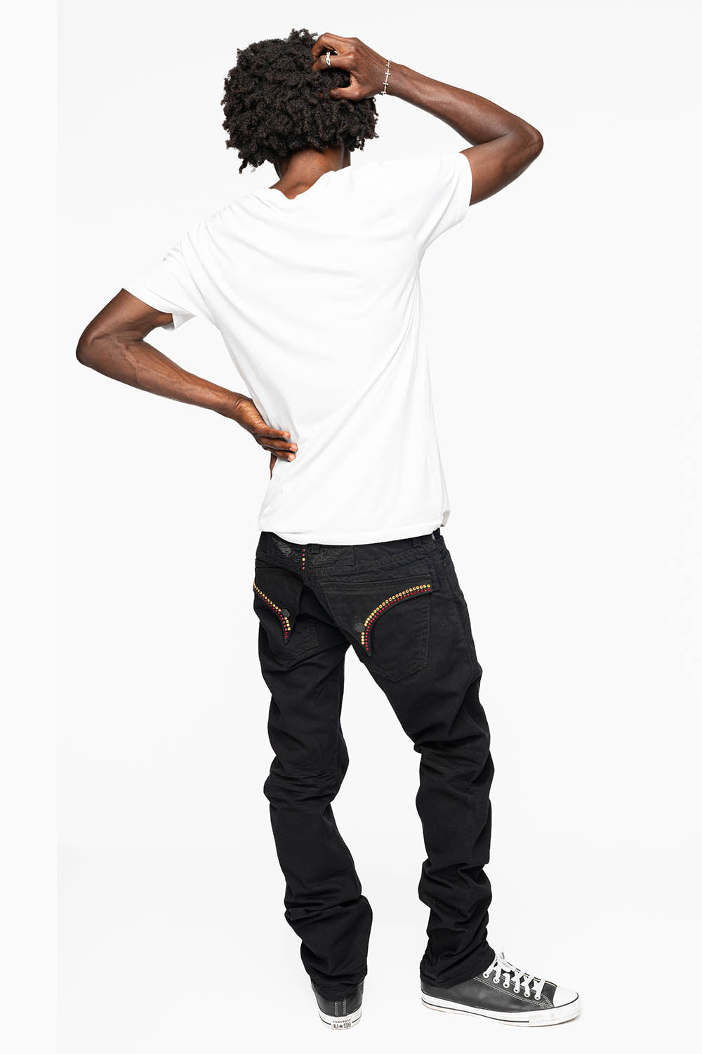 MENS CLASSIC STRAIGHT LEG LONG FLAP JEANS WITH RED & AURUM CRYSTALS  IN PURE BLK