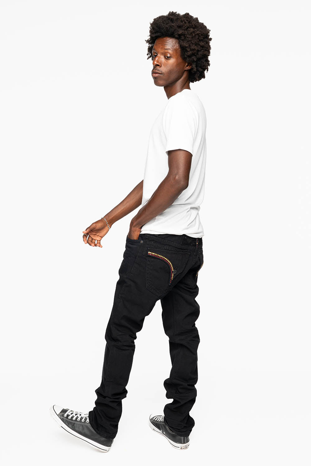 MENS CLASSIC STRAIGHT LEG LONG FLAP JEANS WITH RED & AURUM CRYSTALS  IN PURE BLK