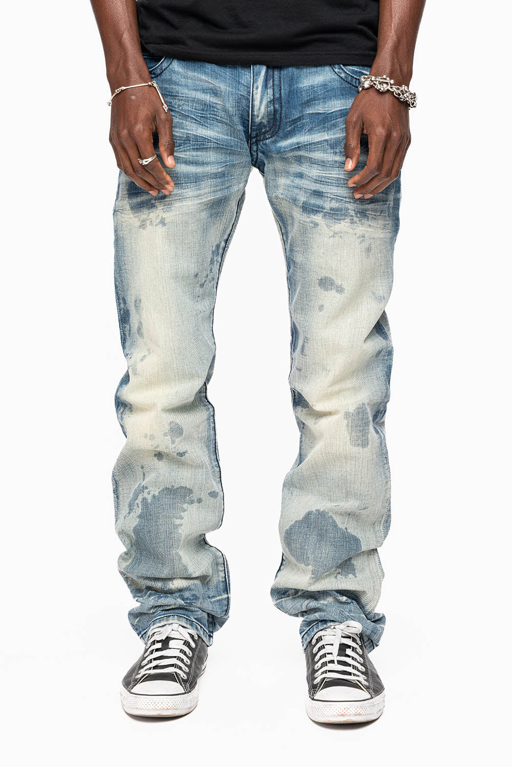 KILLER FLAP STRAIGHT LEG JEANS WITH CRYSTALS IN JAPAN LIGHT WASH