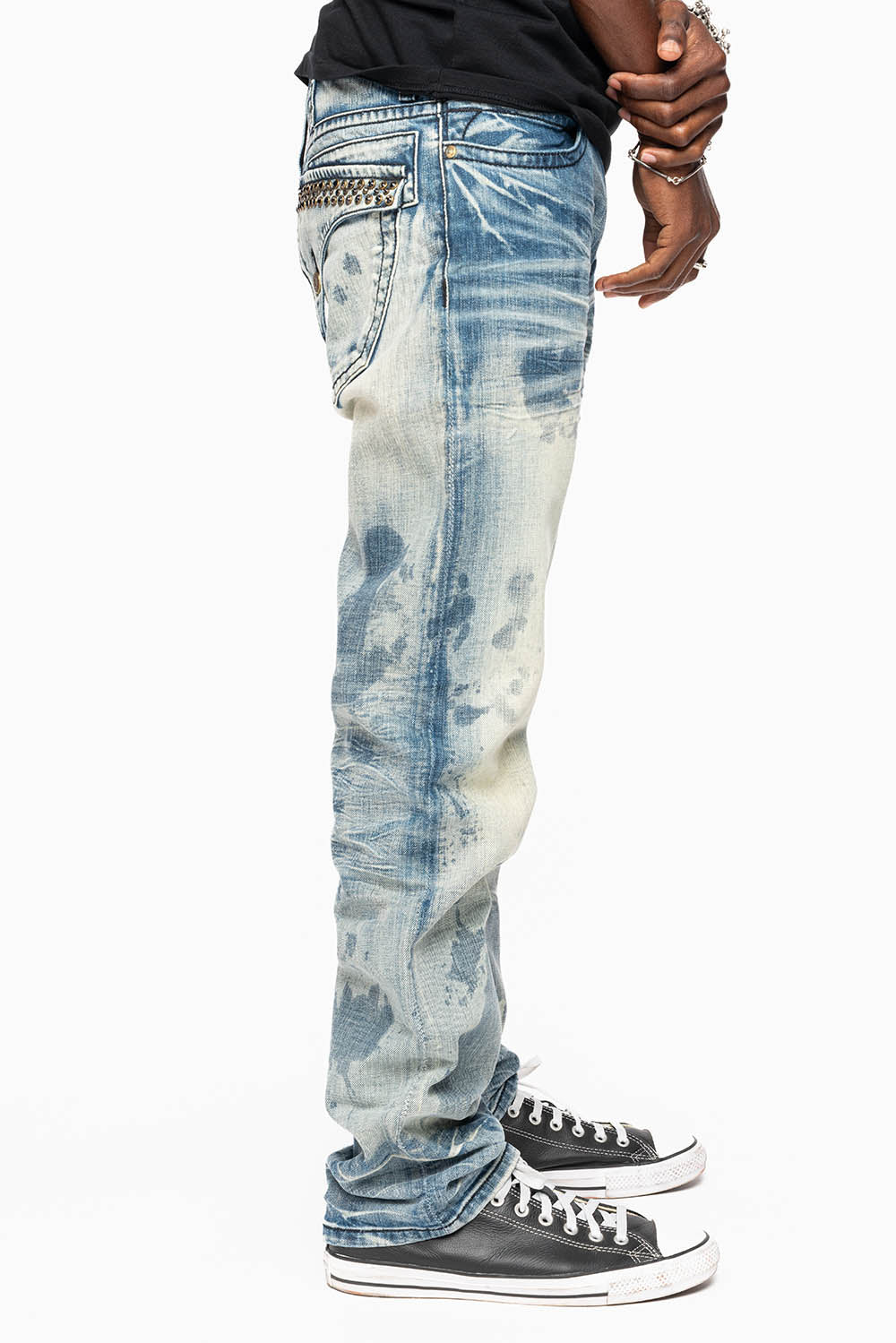 KILLER FLAP STRAIGHT LEG JEANS WITH CRYSTALS IN JAPAN LIGHT WASH