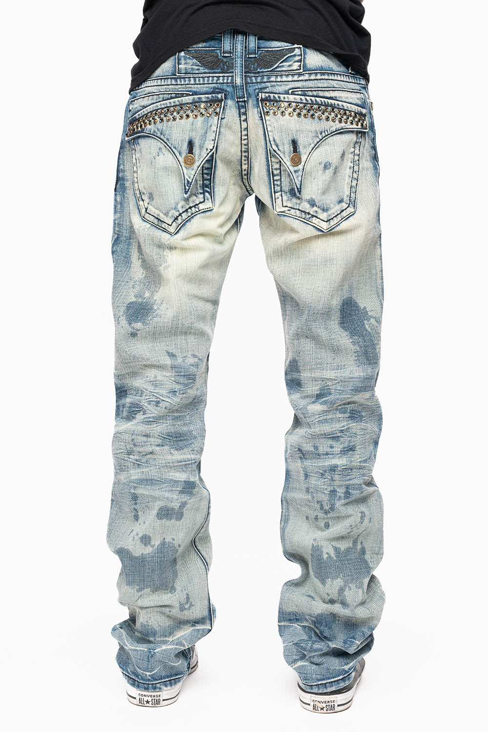 KILLER FLAP STRAIGHT LEG JEANS WITH CRYSTALS IN JAPAN LIGHT WASH