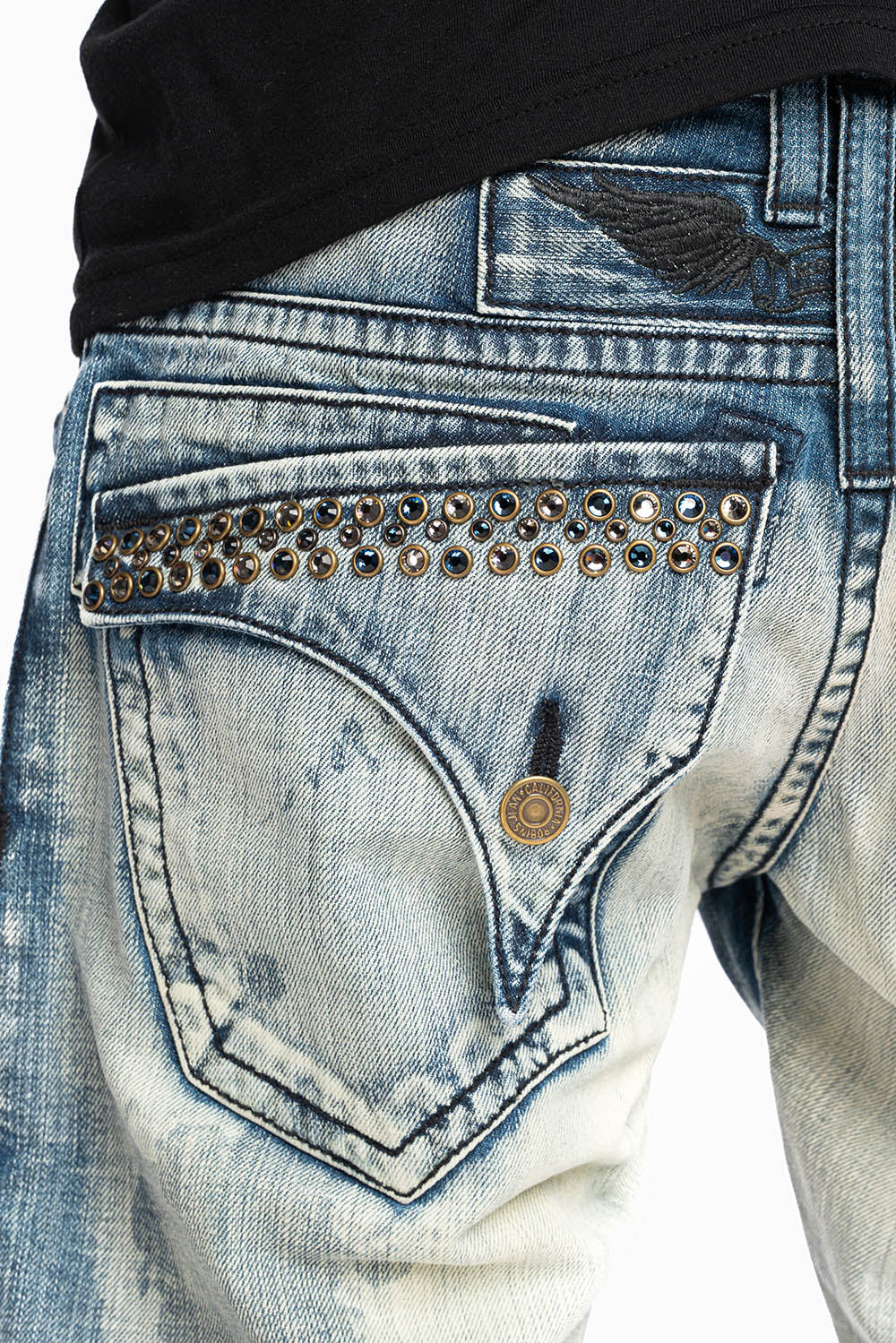 KILLER FLAP STRAIGHT LEG JEANS WITH CRYSTALS IN JAPAN LIGHT WASH