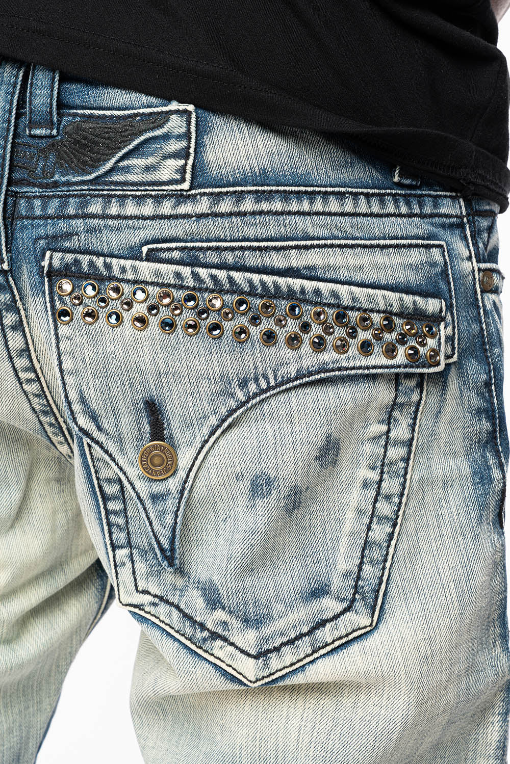 KILLER FLAP STRAIGHT LEG JEANS WITH CRYSTALS IN JAPAN LIGHT WASH