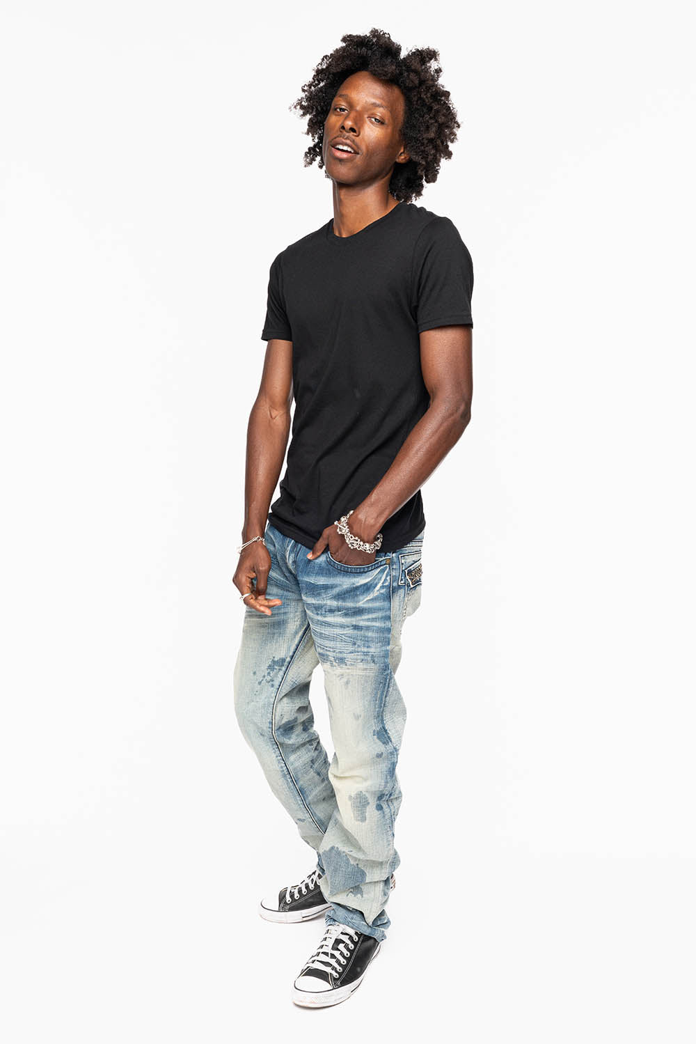 KILLER FLAP STRAIGHT LEG JEANS WITH CRYSTALS IN JAPAN LIGHT WASH