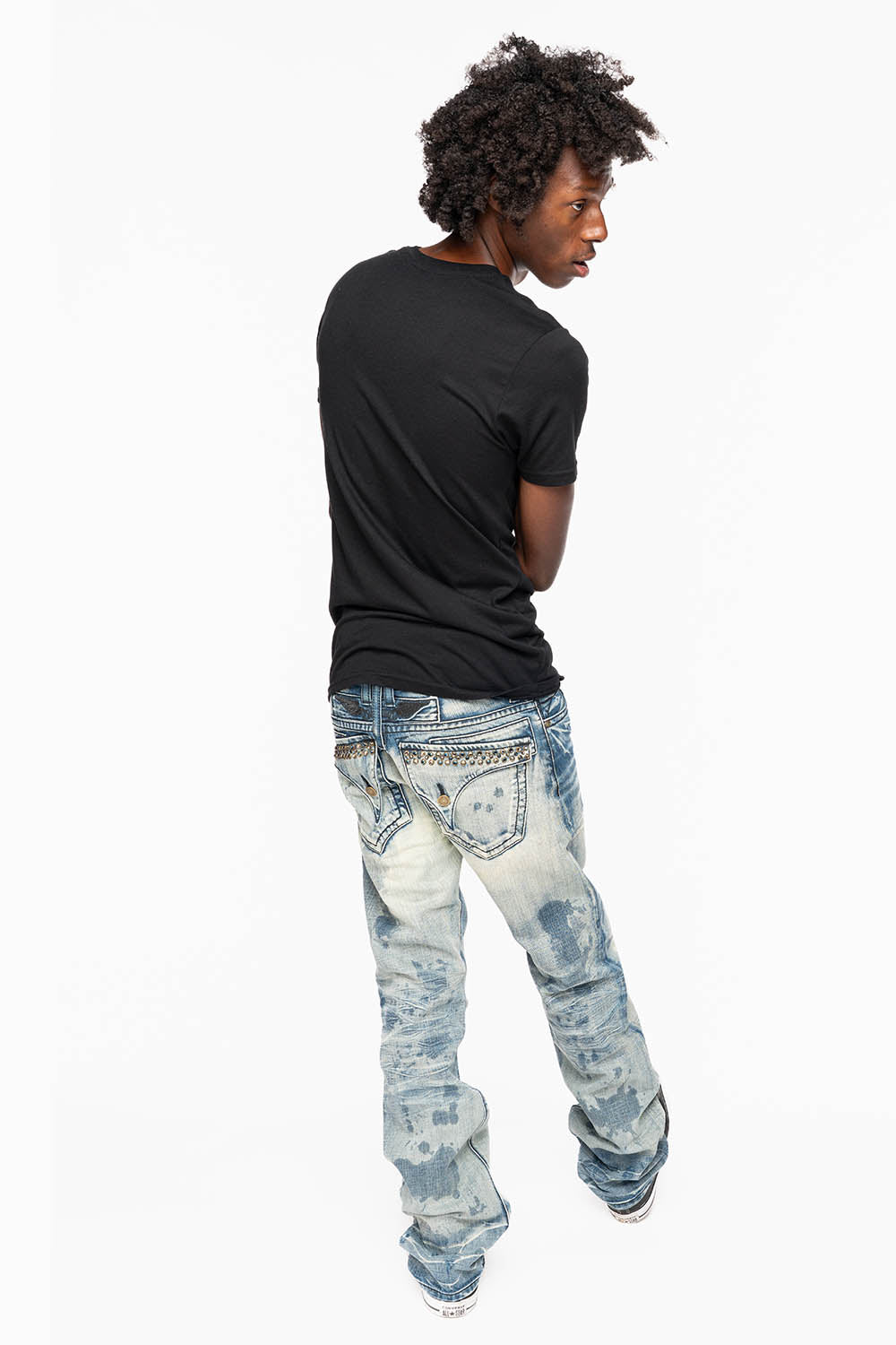 KILLER FLAP STRAIGHT LEG JEANS WITH CRYSTALS IN JAPAN LIGHT WASH