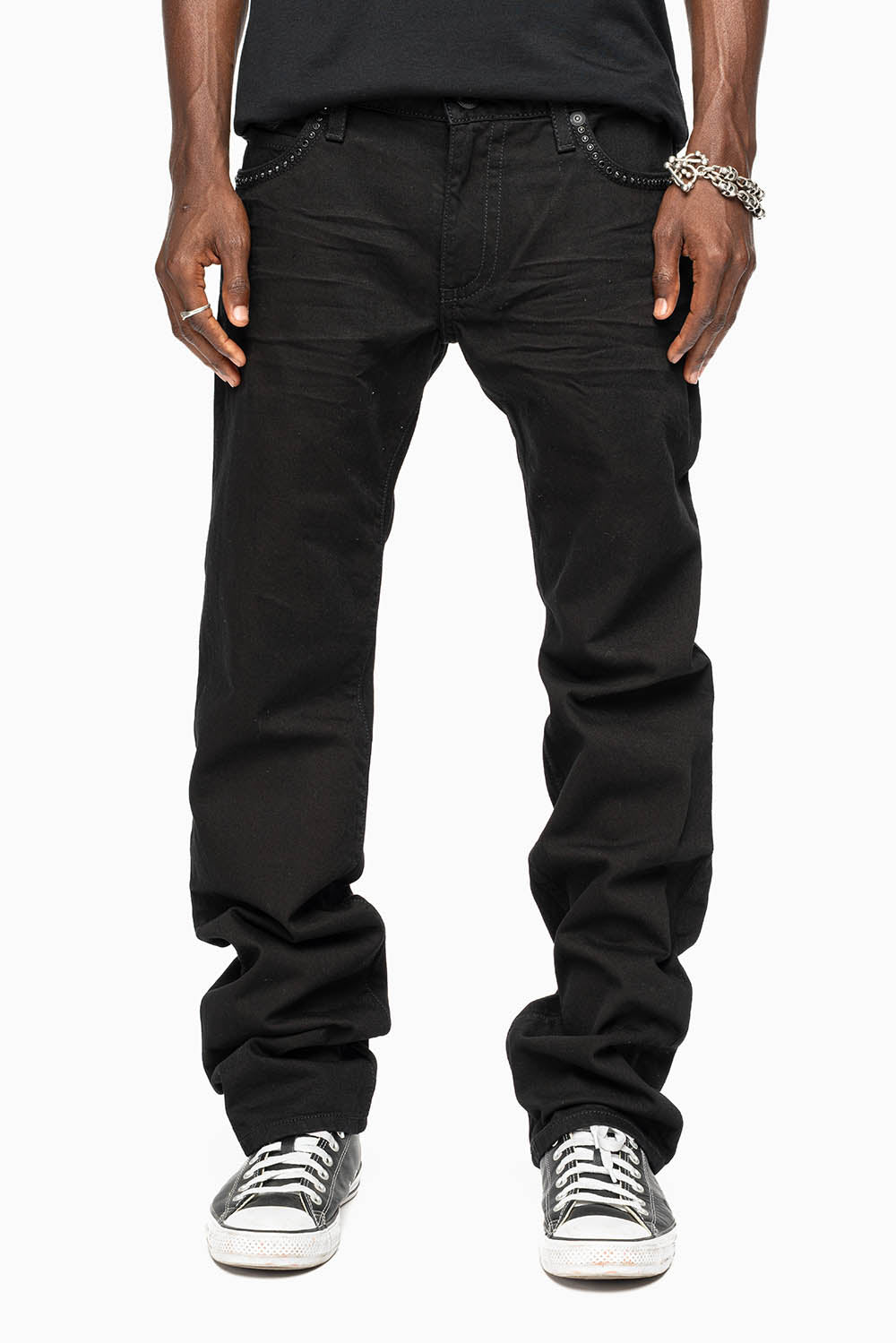MENS CLASSIC STRAIGHT LEG LONG FLAP JEANS WITH JET BLK AND BLK DIAMOND CRYSTALS IN PURE BLK