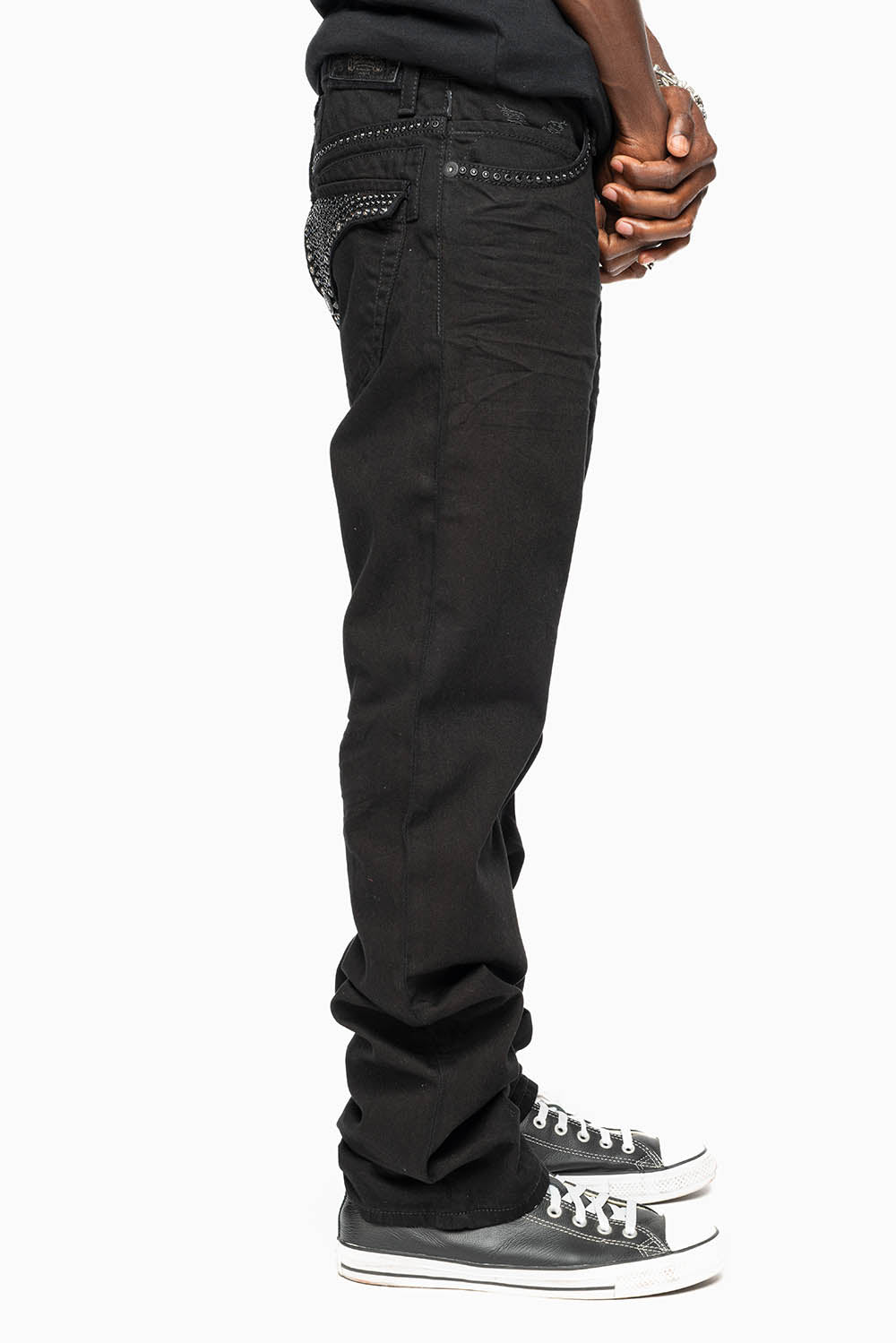 MENS CLASSIC STRAIGHT LEG LONG FLAP JEANS WITH JET BLK AND BLK DIAMOND CRYSTALS IN PURE BLK