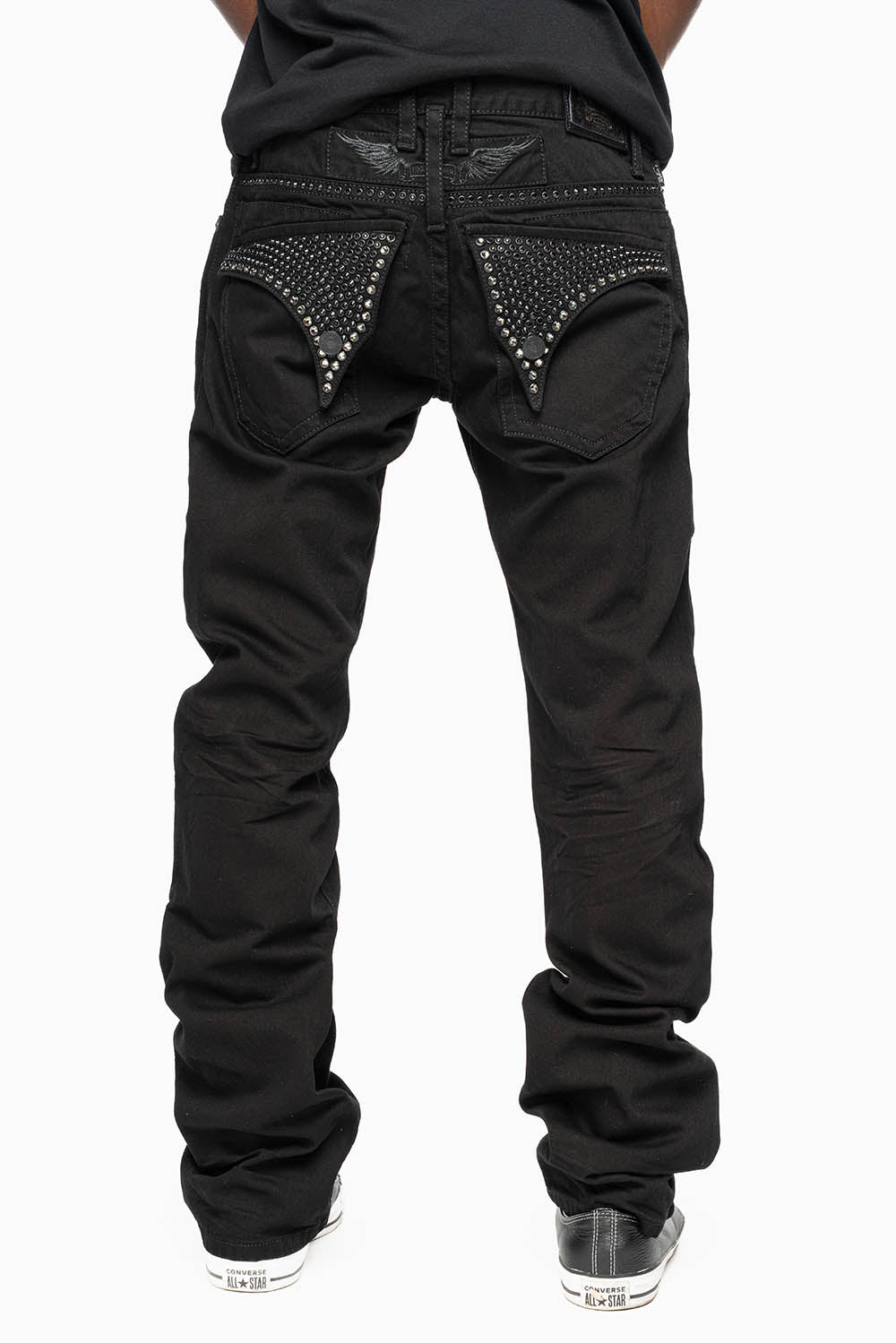MENS CLASSIC STRAIGHT LEG LONG FLAP JEANS WITH JET BLK AND BLK DIAMOND CRYSTALS IN PURE BLK